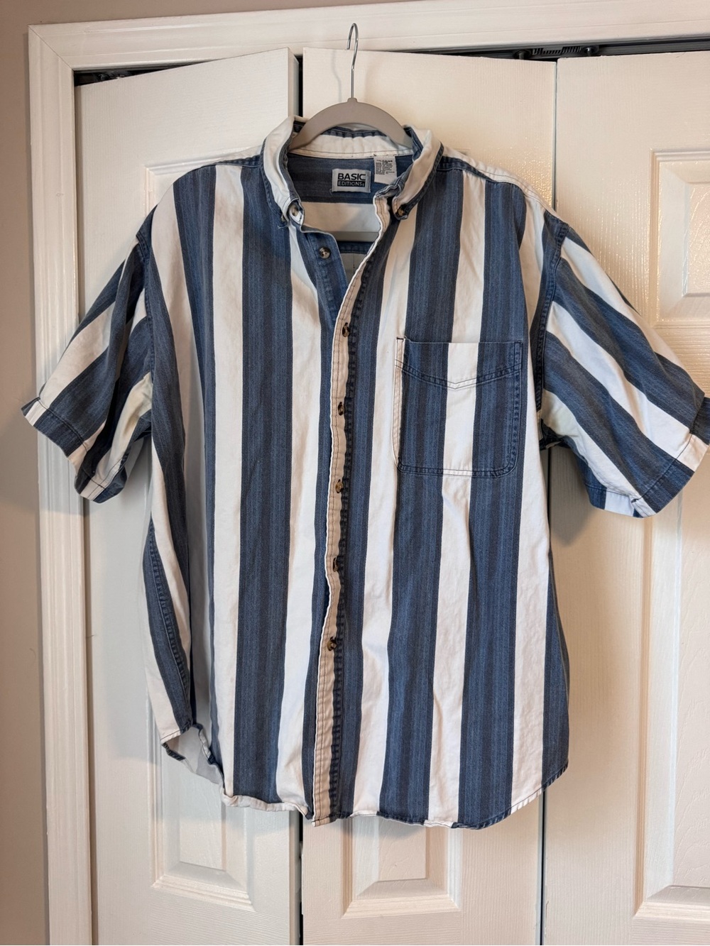 Vtg Basic Editions Striped Button Up Shirt XL Blue White Boxy Oversized 90s